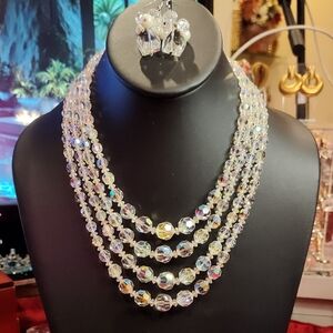Vintage 4 Layer Graduated AB Crystal Beaded Necklace Set 14 Inches